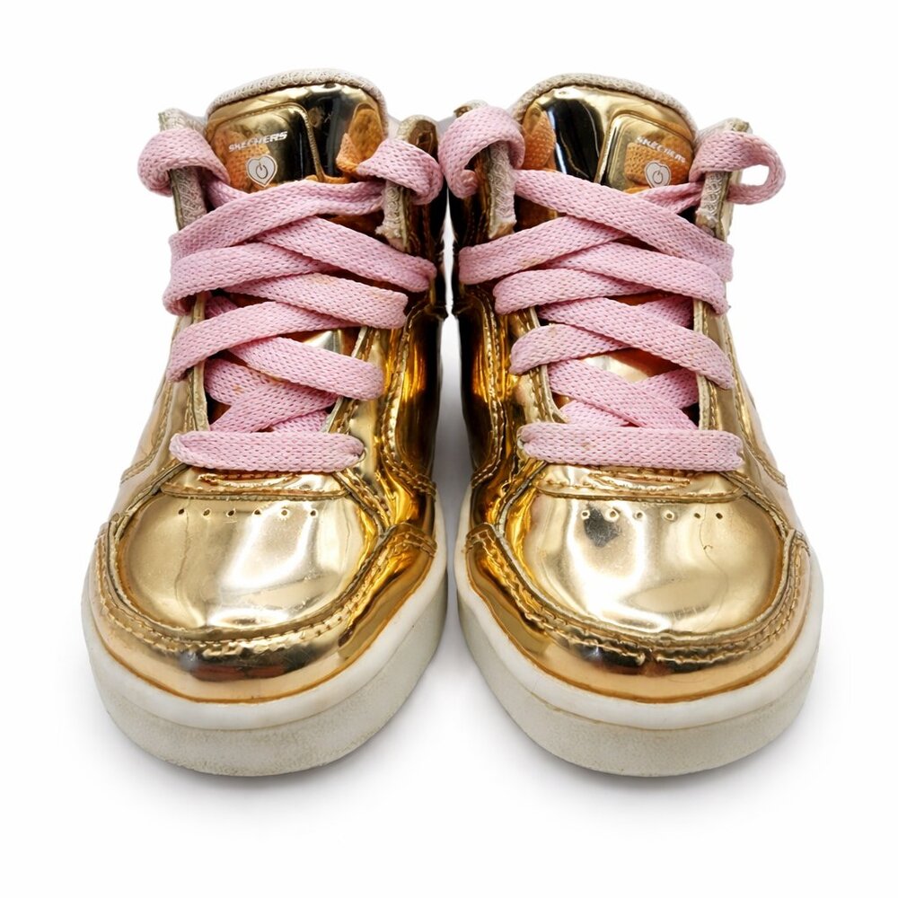 Skechers Girls Size 5 Metallic Rose Gold High Top Sneakers Pink Laces Zip